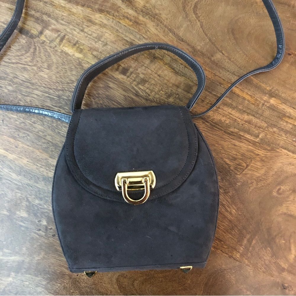 Vintage Frenchy of California Grey Suede embrossed gold latch crossbody purse